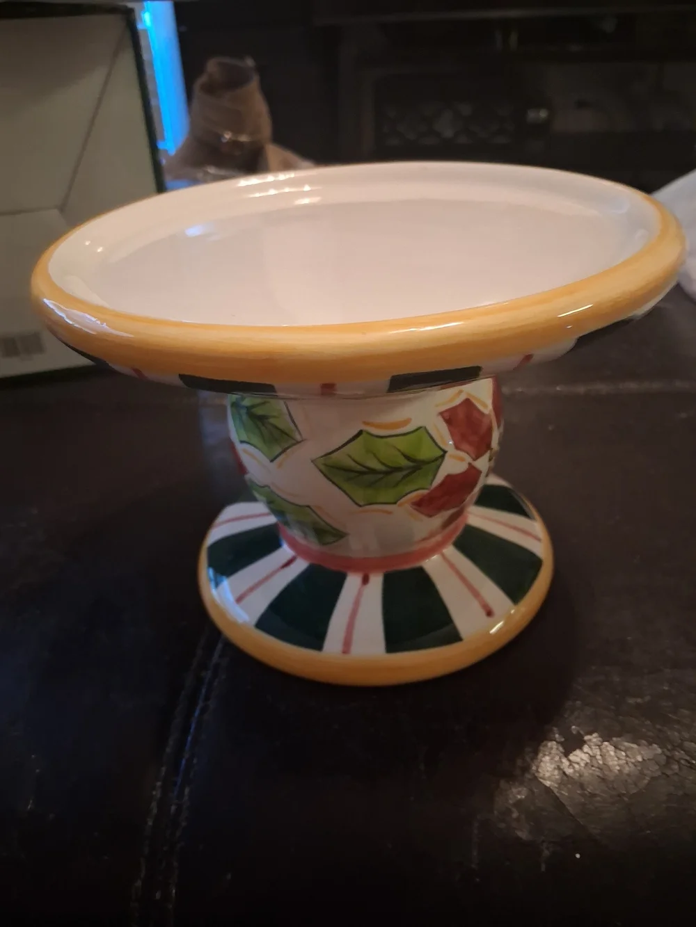 Decorative Ceramic Pedestal Candle Holder in White, Yellow & Green